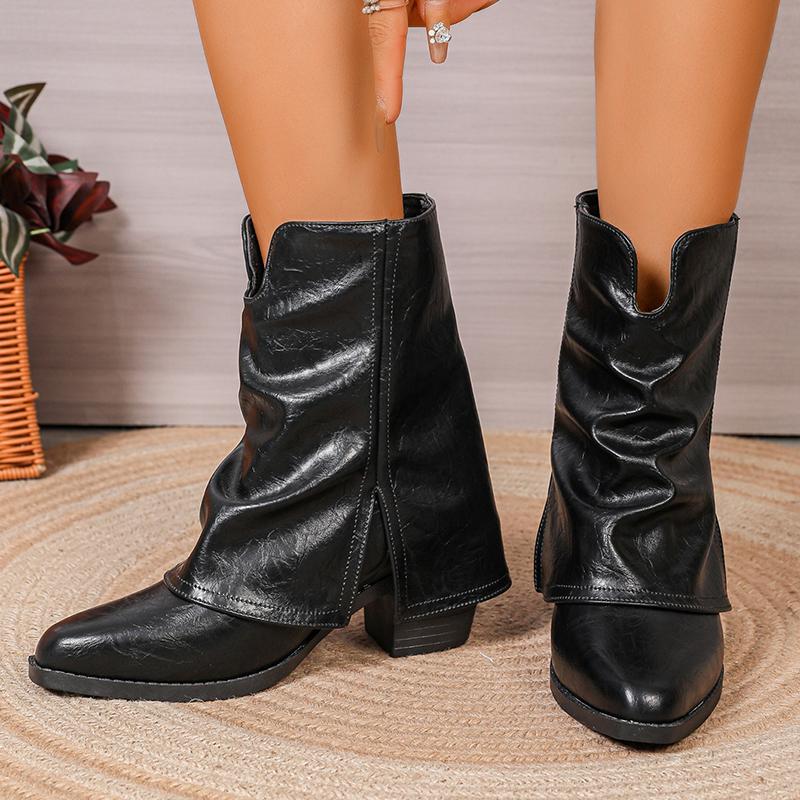 Plus Size Fashion Chunky Heel Ankle Boots Women Pointed Toe Slip On Fold Over Boots Woman Autumn Winter Black PU Leather Booties