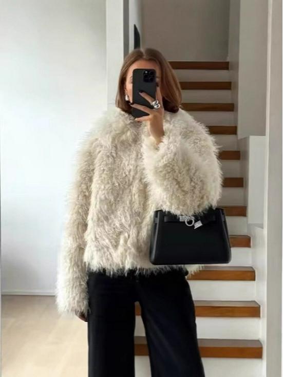 European and American Women's Fashion Faux Fur Turn-Down Collar Long Sleeve Autumn/Winter Coat