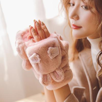 Women Winter Plush Gloves Thickened Warm Fuzzy Rabbit Mittens Girls Convertible Winter Fingerless Mittens for Cycling Outdoor Exercise