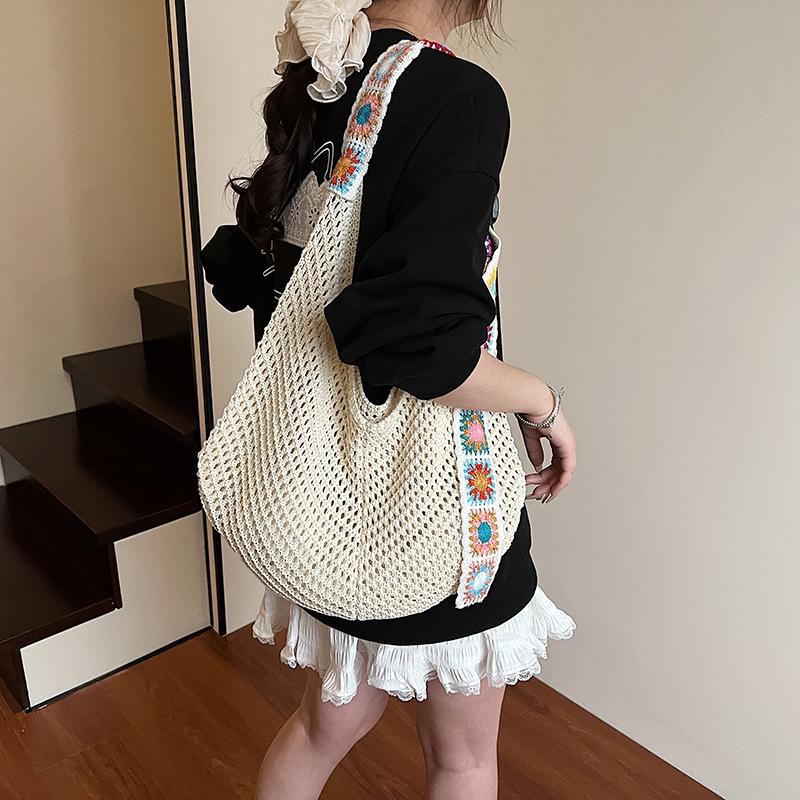 Large Capacity Crochet Tote Bag Ethnic Style Hollow Out Woven Bag Embroidered Strap Knitting Handbag For Female Travel AVE