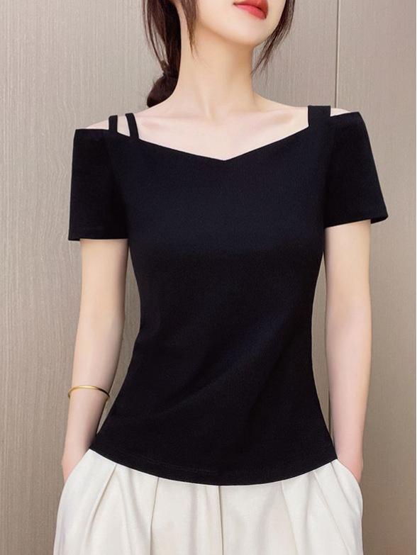 Trendy 2025 Off-Shoulder V-Neck Women's T-Shirt with Slimming Fit, Short Sleeves, and Open Back, Featuring Single/Double Shoulder Straps