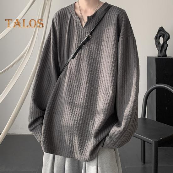 Spring Autumn Men Top V Neck Long Sleeves Oversized Solid Color Loose Mid Length Striped Texture Pullover Hip Hop Streetwear Sweatshirt
