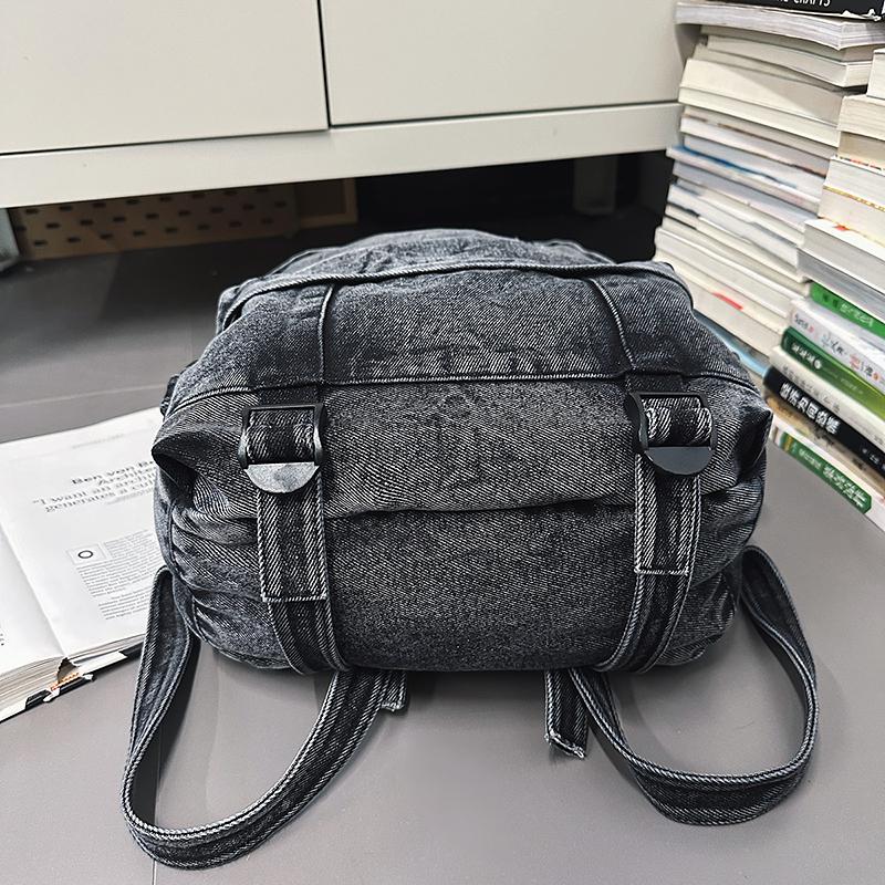 Vintage Solid Color Denim Backpack Large Capacity Travel Backpack Middle School Student Schoolbag