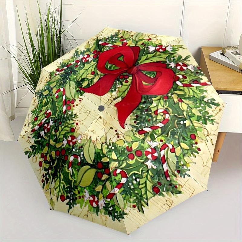 1pc Christmas Wreath Pattern Automatic Open/Close Folding Umbrella with 14 Ribs, Windproof Portable Sunshade, Plastic Handle,