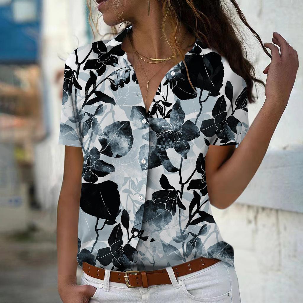 2025 Sommer Neue Mode Damen Blattdruck Kurzarm V-Ausschnitt Lässiges Button-down Hemd Top