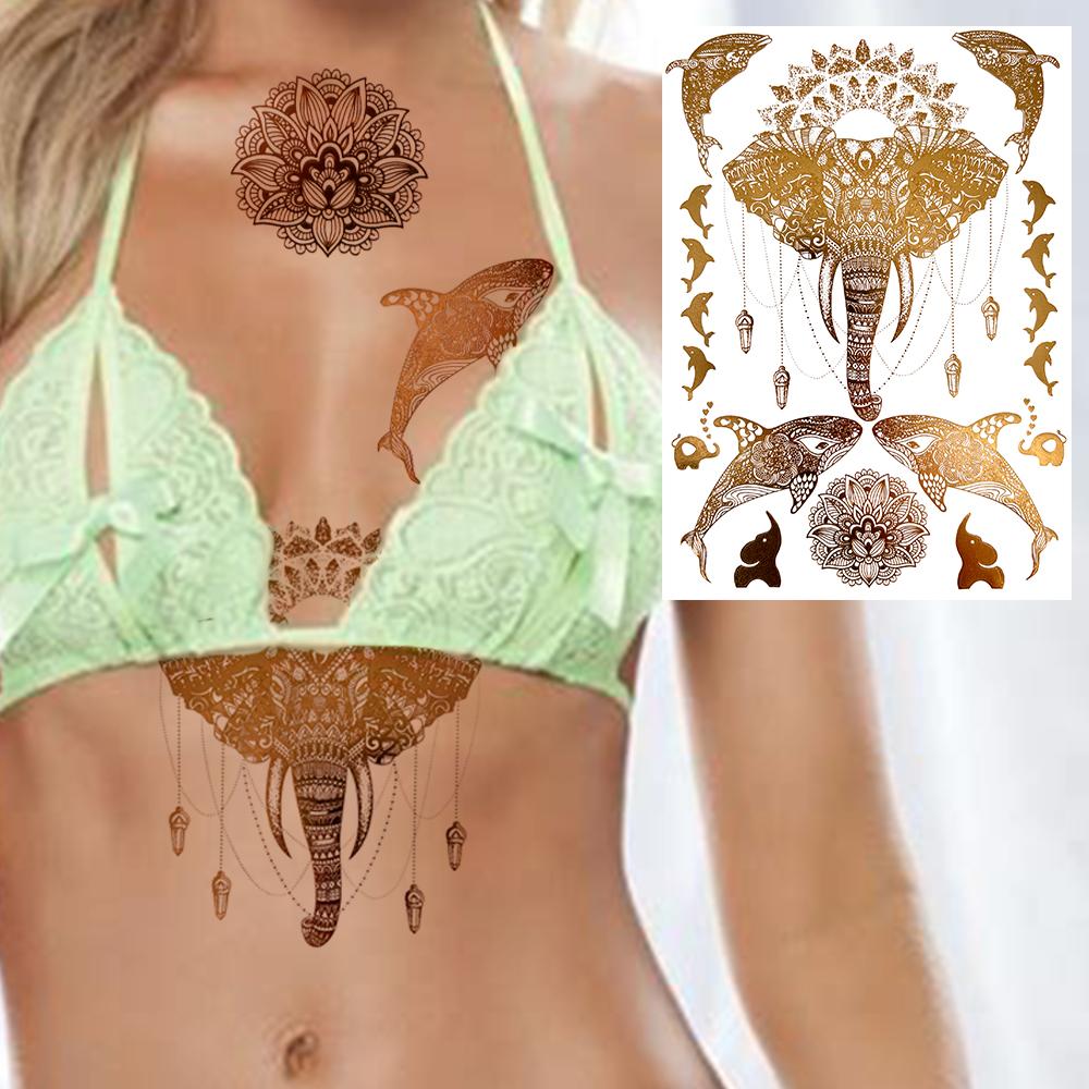 Golden Turtle Anchor Temporary Tattoo For Women Adult Realistic Compass Flower Fake Tattoo Sticker Washable Body Art Tatoo Decal