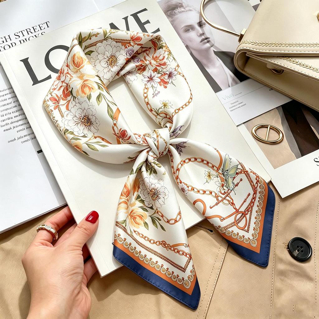 Women's French Retro Cashew Silk Scarf - Versatile Square Scarf & Ribbon Headscarf