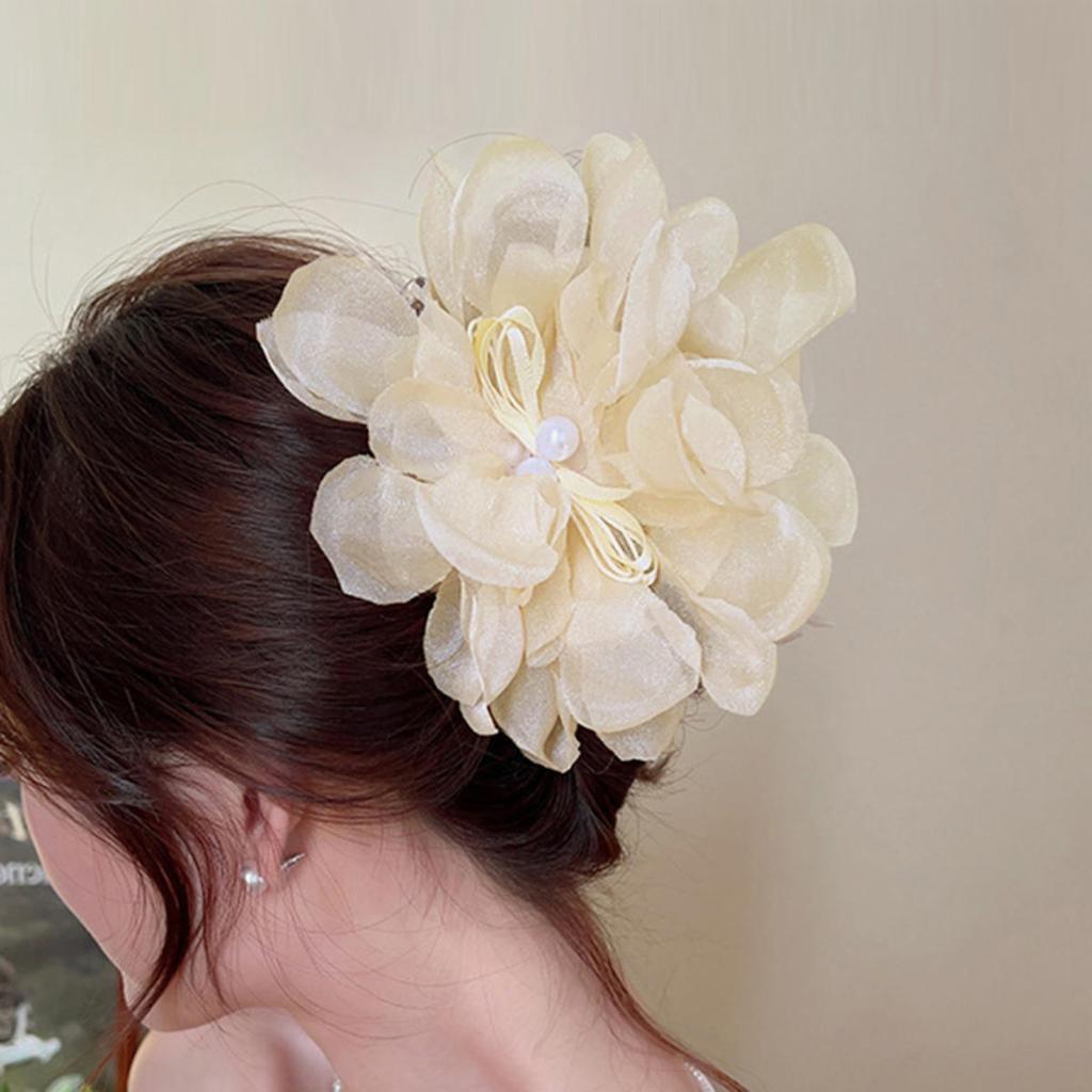 Super Fairy Chiffon Pearl Flowers Crab Hairpin for Hair Trendy Hair Claw Popular Ponytail Shark Clip Woman Barrettes Hairgrips
