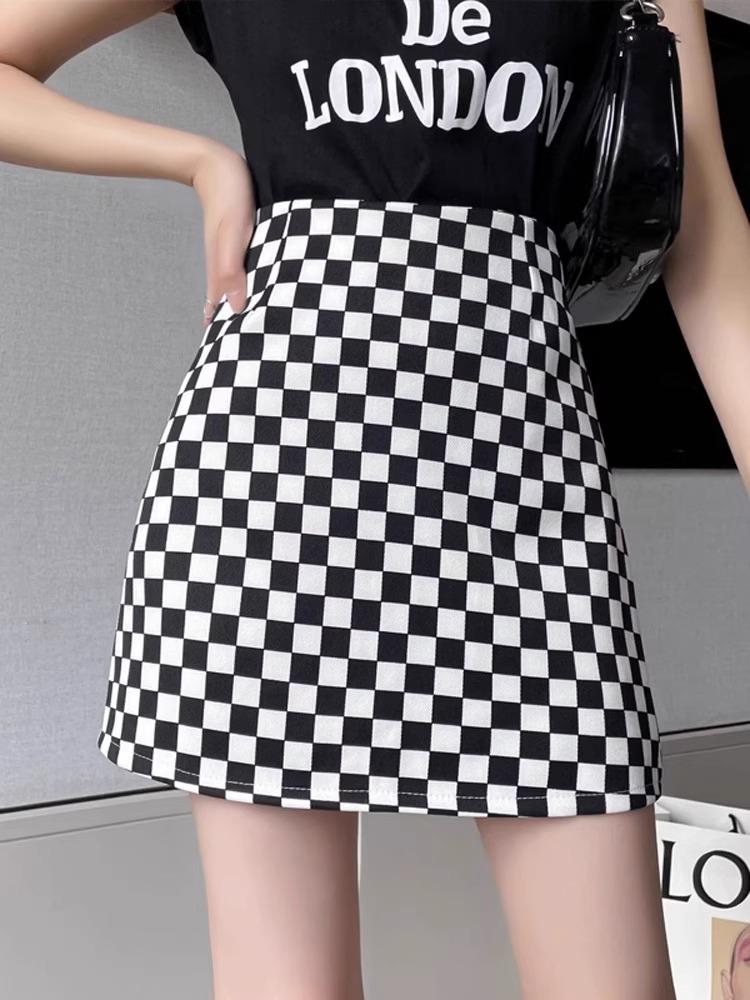 

Women s Spring 2024 High-Waisted Retro A-Line Checkerboard Skirt - Black and White Korean Style XS