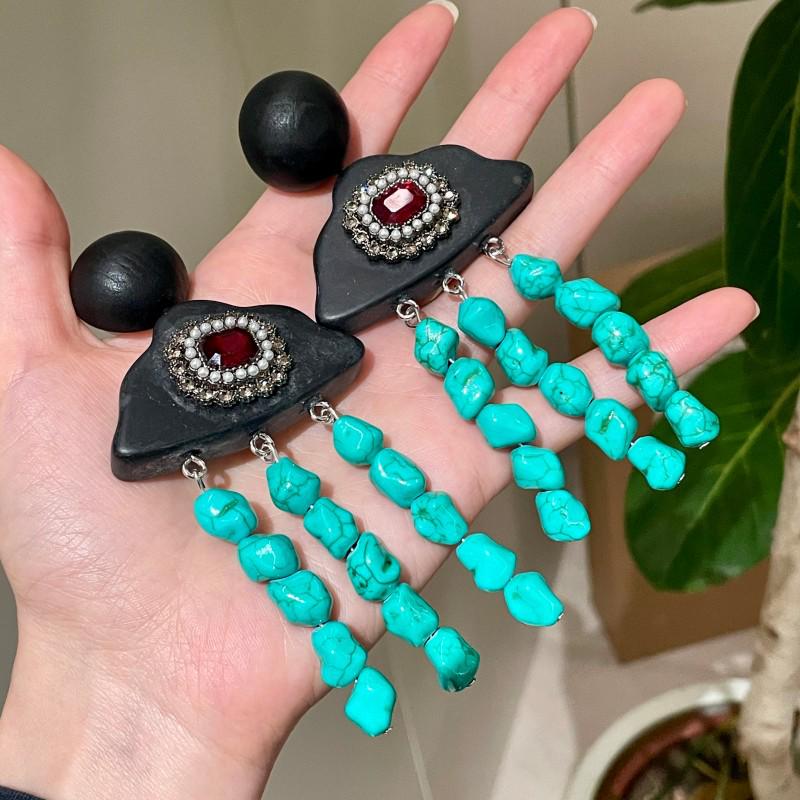 Нишевые ретро китайские деревянные серьги с жемчужной кисточкой и бирюзовым подвесом