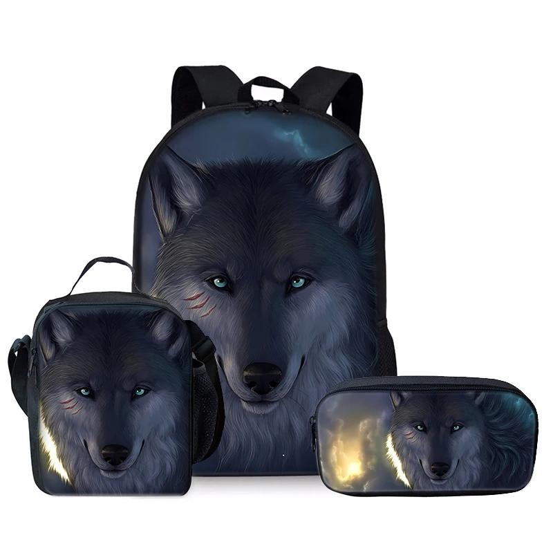 Animal Wolf King Three Piece Set Backpacks for Boy and Girls Best Gifts 2D Flat Cartoon School Backpack for Children