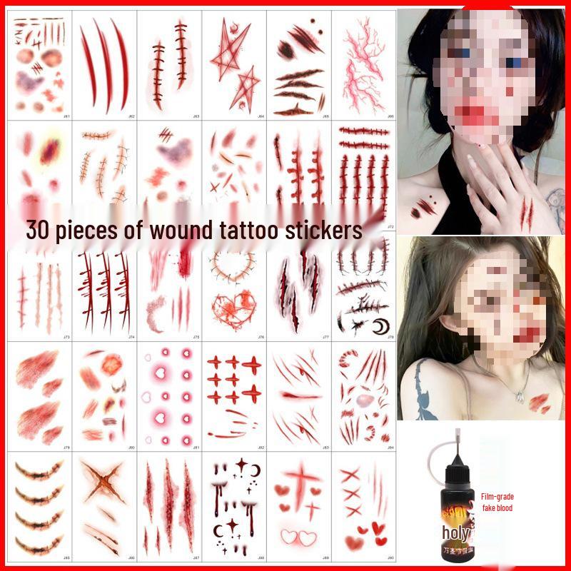 Halloween Makeup: Horror Scars, Fake Teeth, Little Tiger Teeth, and Blush Tattoo Stickers for Party Decoration