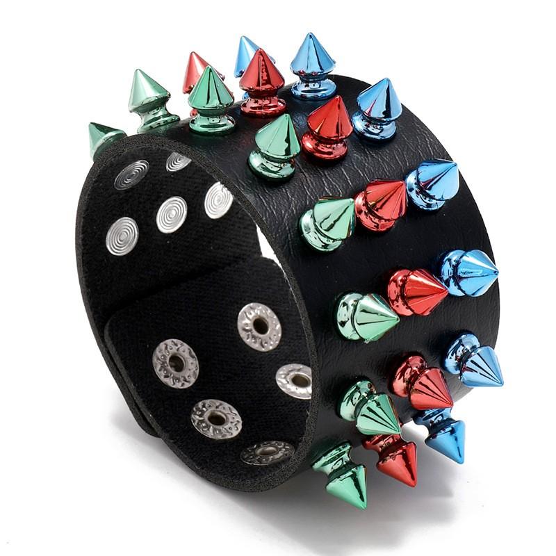 Three Rows Of Colorful Spikes Exaggerated Punk Leather Bracelet