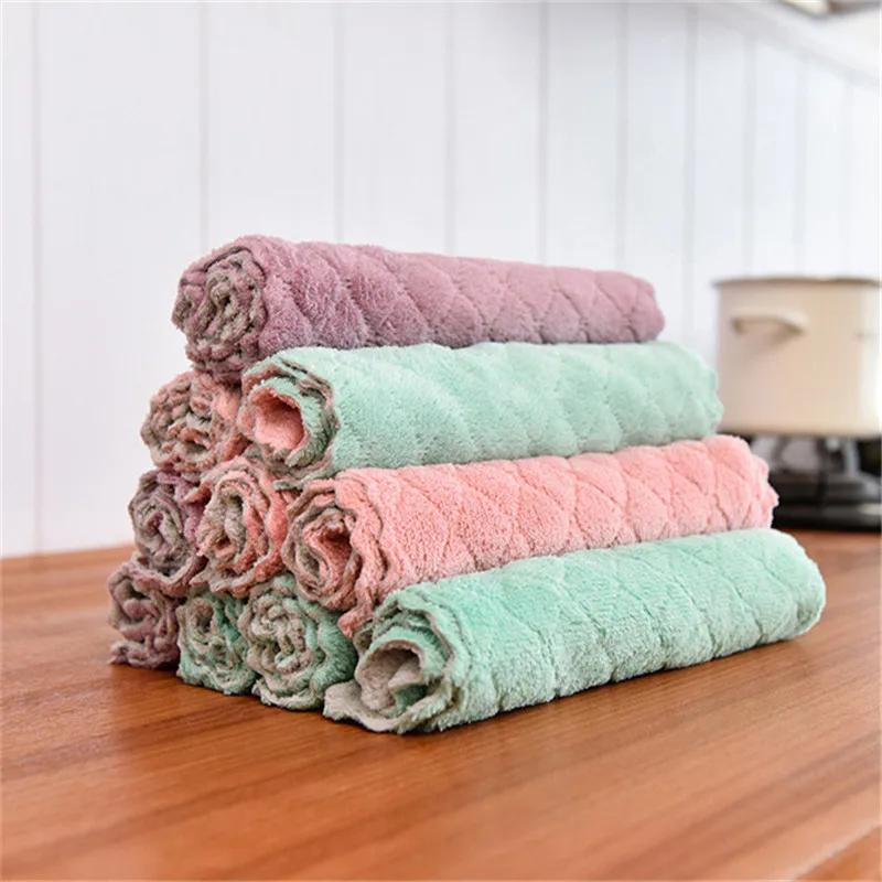 

5Pcs/Set 25x25cm Water Absorbent Kitchen Dishcloth Non-Stick Oil Wipes Scouring Pads Coral Fleece Towel Cleaning Tool 5Pcs