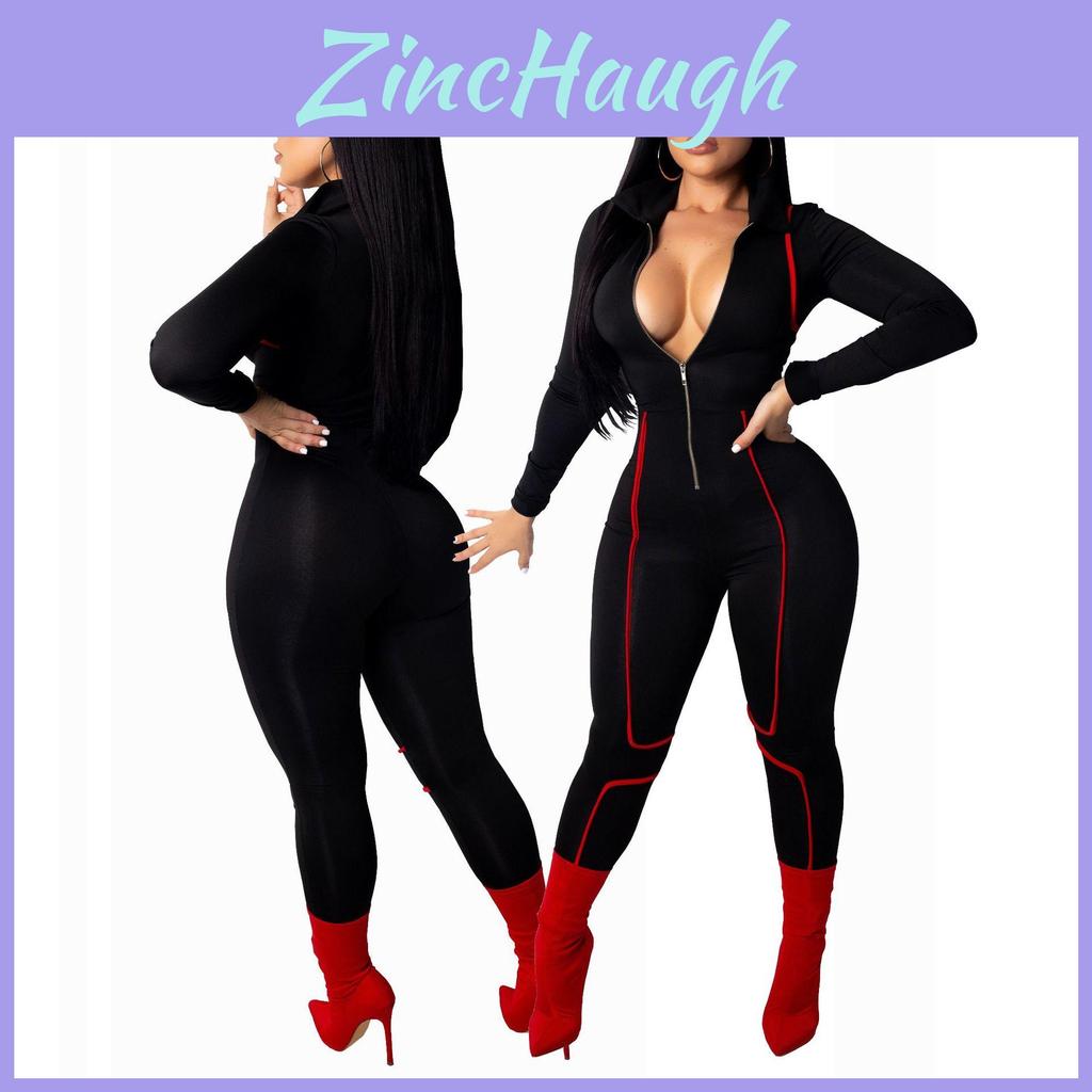 Eleganter Mode Revers Enganliegender Jumpsuit Sexy Frau Langarm Overalls Bodysuit