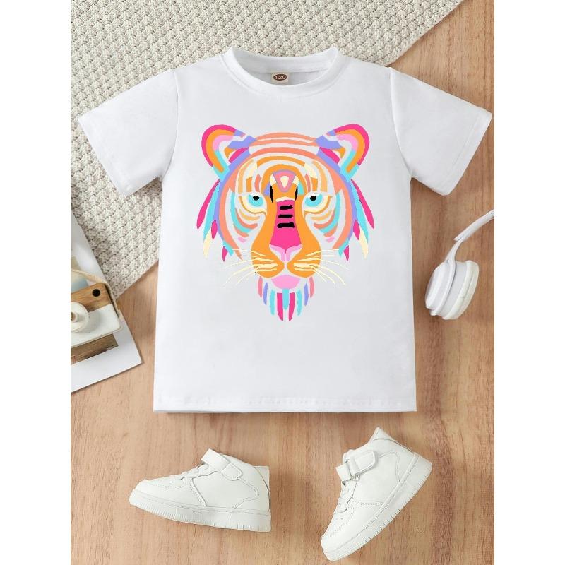 European sizes Colorful Trendy Tiger Head Printed Pattern. Short-sleeve Crew Neck T-shirt, Available in Black and White, Regular Fit