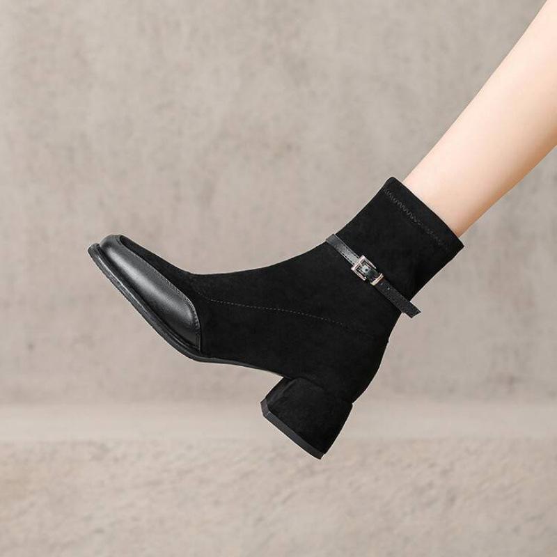 Korean version of mid-heel side zipper Martin boots women's rubber sole square head leather boots square heel solid color autumn and winter la