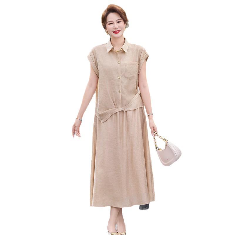 2026 Summer Women's Two-Piece Set: Casual Short Sleeve Lapel Top & Half Skirt for Mother's Day