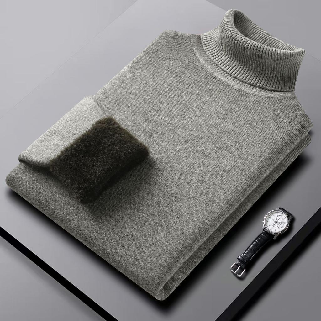 [Machine Washable] Men'S Semi-Turtleneck Sweater Integrated Fleece Winter Fleece Warm Sweater Close-Fitting Knitted Bottoming Shirt