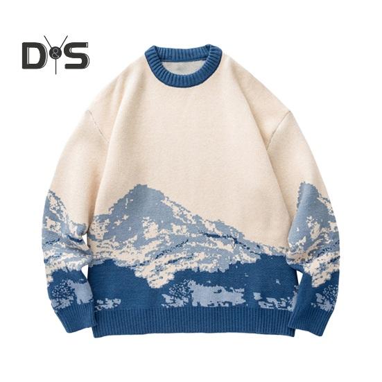 

Осень-зима мужской свитер с узором тай-дай Snowberg, цветной круглый вырез, трикотажный толстый с длинными рукавами, теплый свободный мужской трикотаж M синий