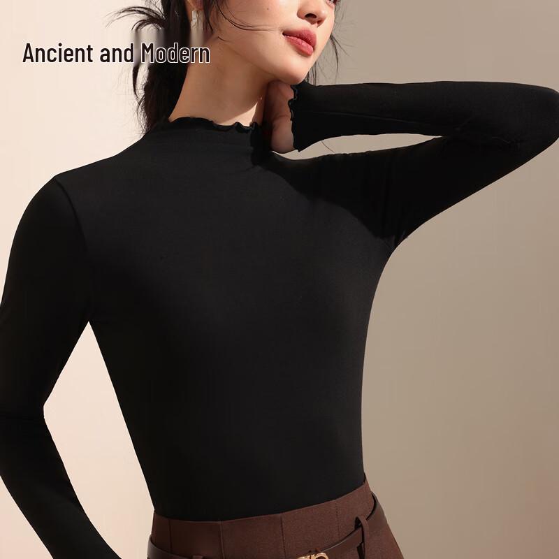 

GUJIN Women s Ruffle Trim Semi-High Neck Slim Fit Base Layer Top XL