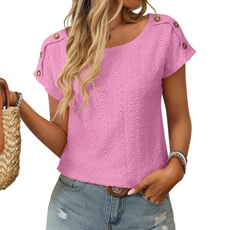 Women's Spring and Summer New Solid Colour Round Neck Button Short-sleeved T-shirt Hollowed Out Tops