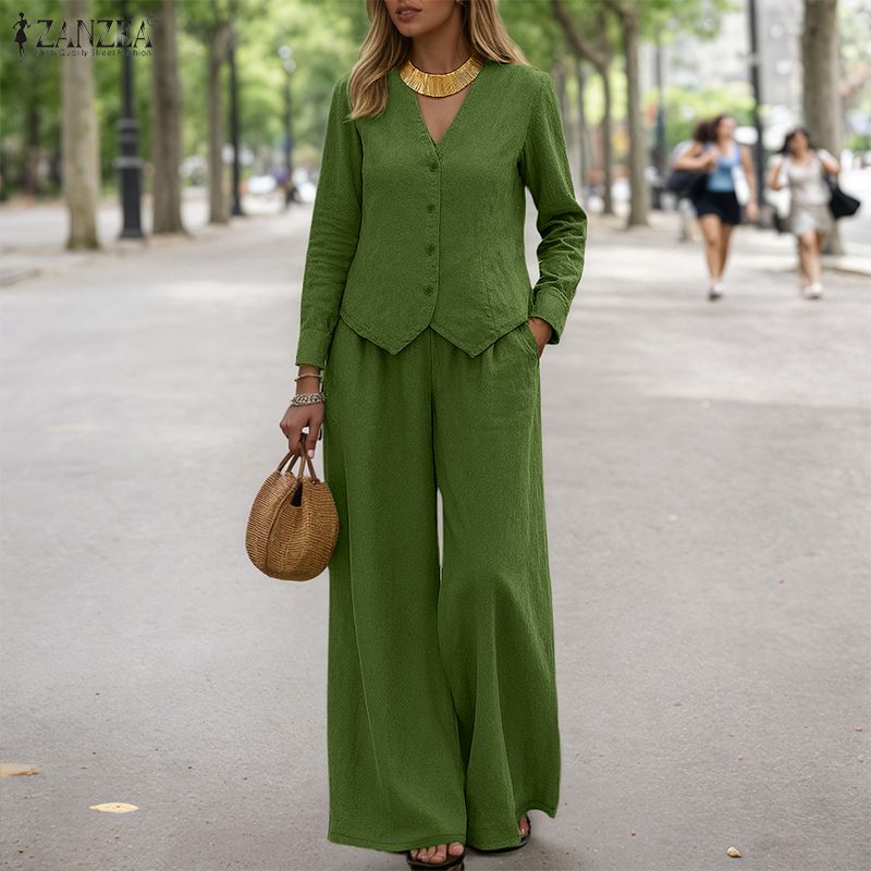 ZANZEA Dámské ležérní dvoudílné sady obleků s dlouhým rukávem a kalhotami