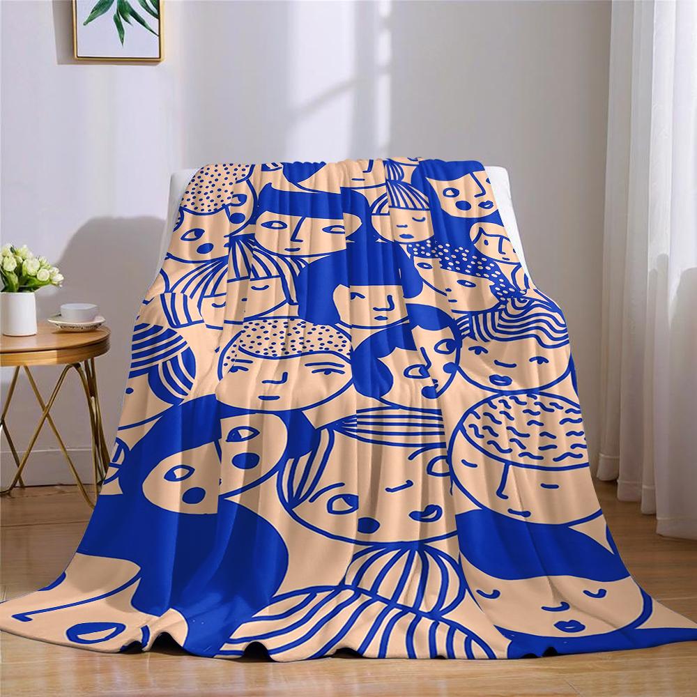 Blue - Lined Cartoon Faces Flannel Blanket Warm Soft Halloween Christmas Couch Warm Cozy Decorative Decor Gift for All Season