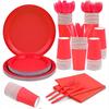 Red Disposable Tableware Set: Paper Plates, Cups, Napkins, Tablecloth for Picnics