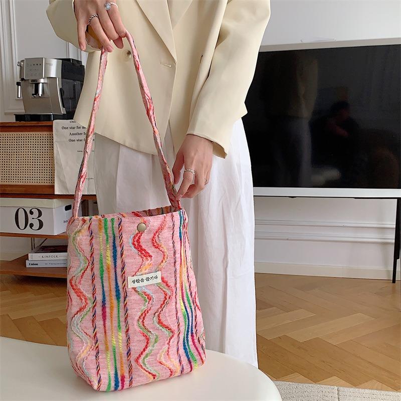 3 seaside vacation style rainbow striped shoulder bag spring and summer new large-capacity canvas bag handbag