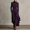 Women's Dark Purple High Neck Long Sleeve Maxi Dress Belted Asymmetrical Hem Dress