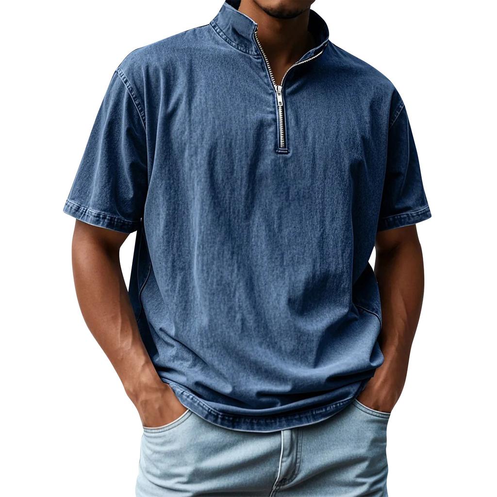 Pánské letní vintage košile s krátkým rukávem, klopou a zipem