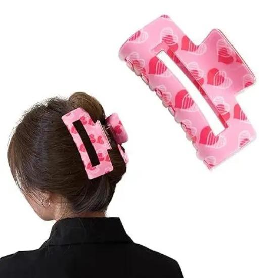 Pink Heart-shaped Printed Rectangular Gripping Clip Non-slip Hair Clip Sweet Ponytail Clip Hair Valentine's Day Party Shark Clip