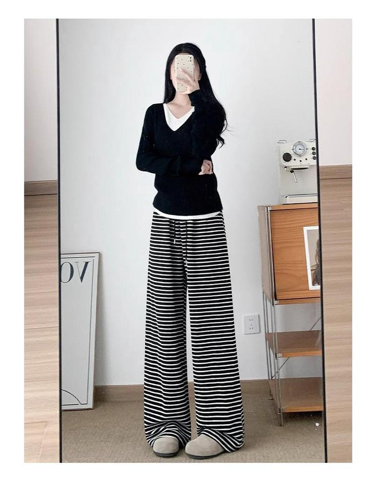 2025 Women's High-Waisted Fleece-Lined Wide-Leg Striped Pants for Autumn/Winter