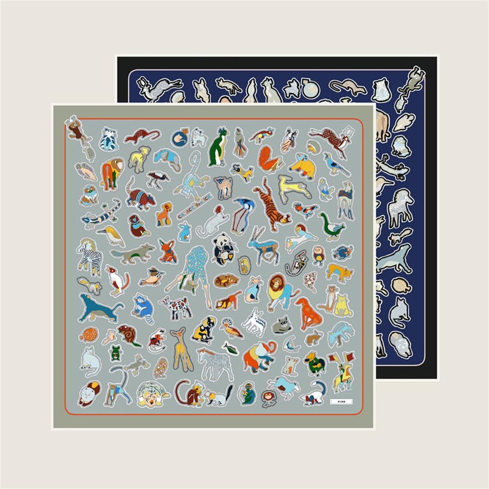 POBING Manual Hand Rolled Twill Silk Scarf Women Animals Double Print Square Scarves Wraps Echarpes Foulards Femme Hijab 90CM