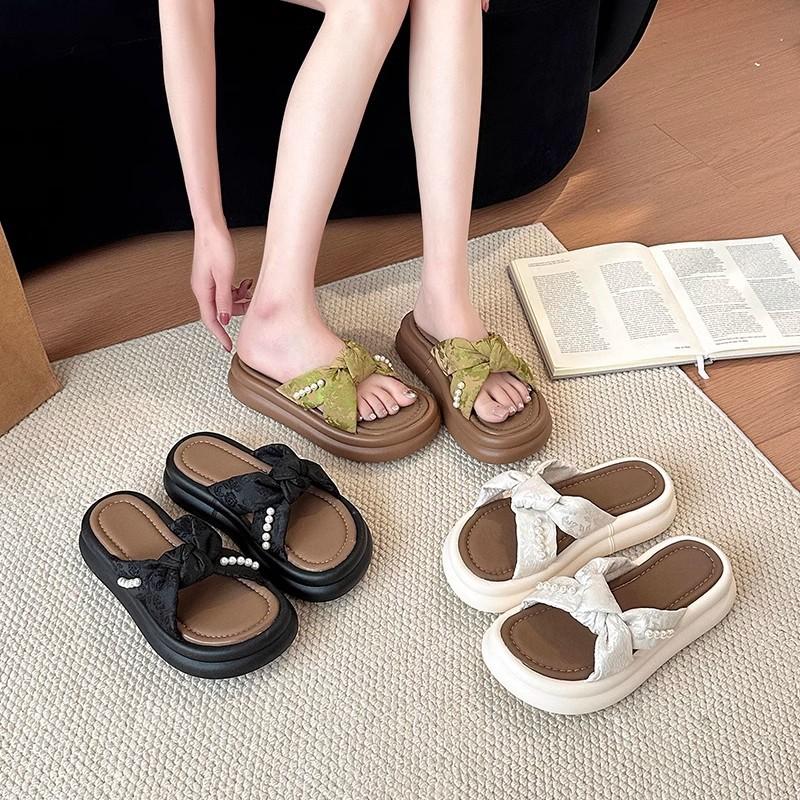 Pearl national style fairy wind cool slippers female 2025 summer new with skirt sandals thick-bottomed beach one-word slippers