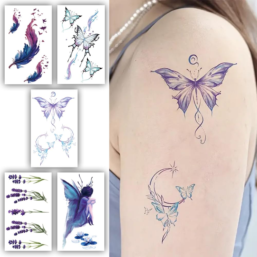 S.A.V.I Temporary Tattoos for Women & Girls | 5 Sheets | Watercolor Butterfly, Feather, Lavender & Fairy Designs | 10.5x6cm | Long-Lasting, Waterpro
