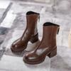 Short boots women's thick heel platform British style 2025 new Martin boots high heel medium tube brown retro spring and autumn single boots