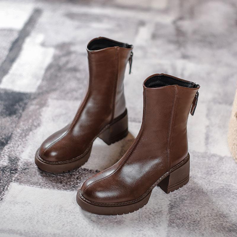 Short boots women's thick heel platform British style 2025 new Martin boots high heel medium tube brown retro spring and autumn single boots
