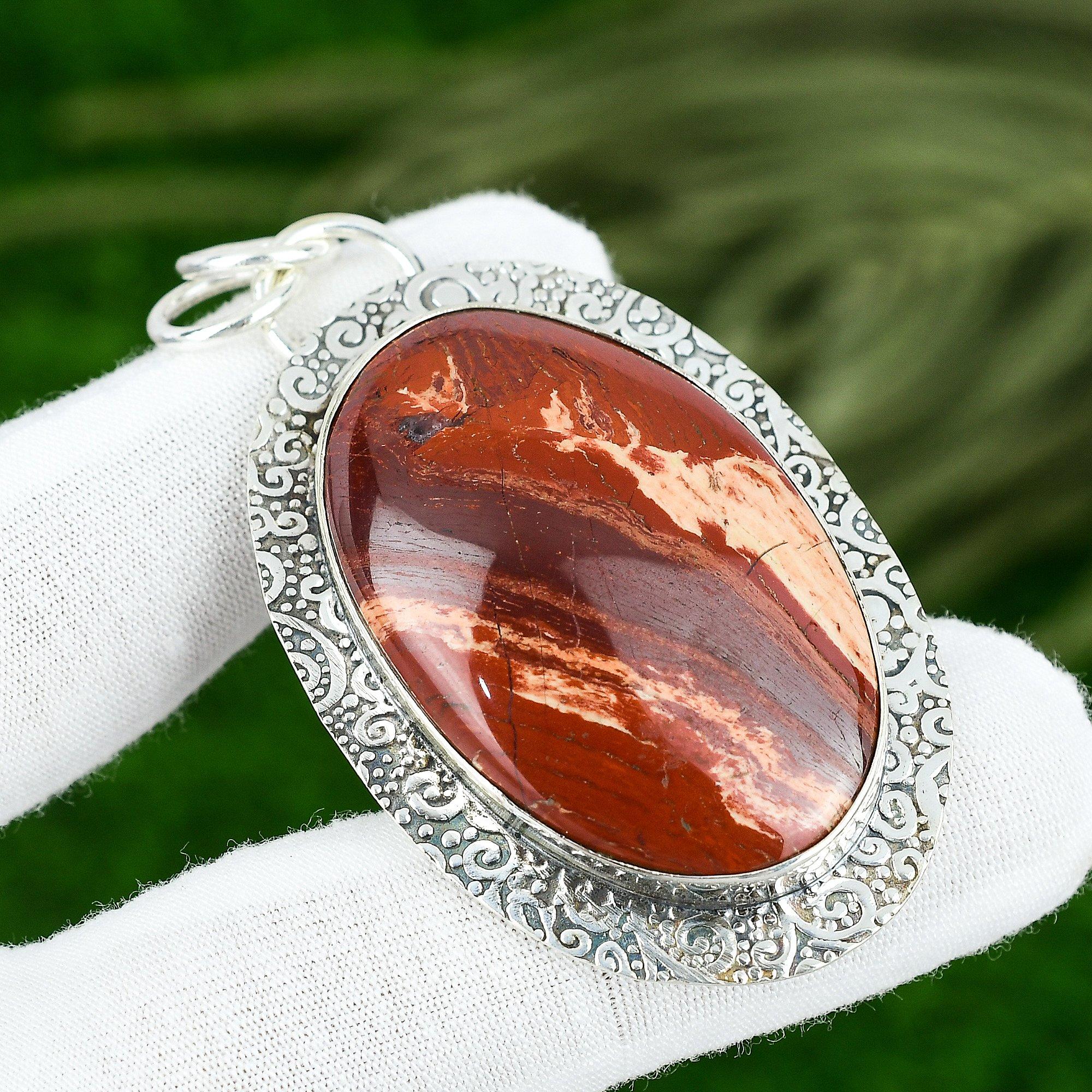 

925 Sterling Silver Red Snakeskin Jasper Gemstone Bezel Wedding Pendant Jewelry