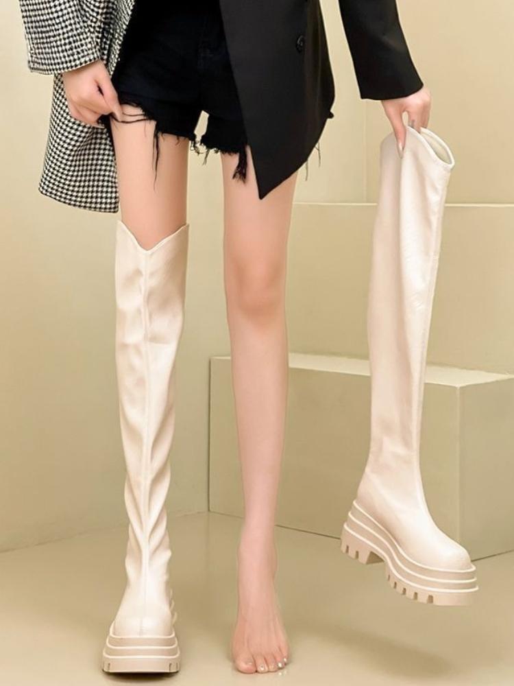 Over-the-Knee Boots  Autumn New Style Leather High-Leg Stretch Height-Enhancing Slimming Chunky Heel Boots
