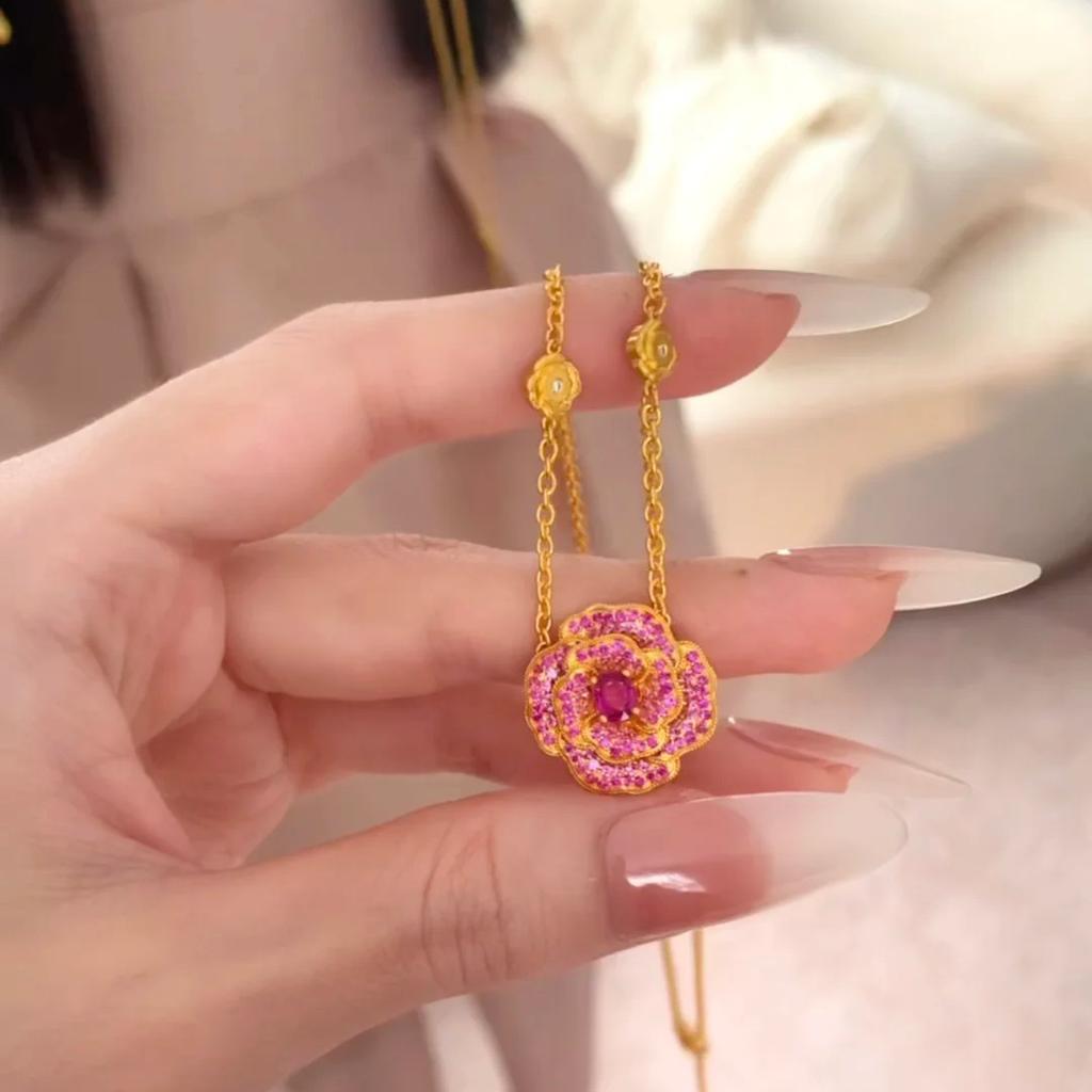 New Chinese Style Red Peony Necklace Real Gold Electroplating Light Luxury High-End Sense Red Corundum Rose Pendant Female