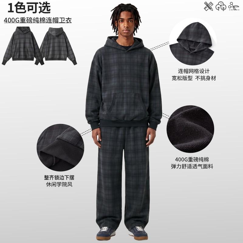 Mens Oversized Hooded Sweatshirt Cotton Plaid Fall Winter Casual Wear