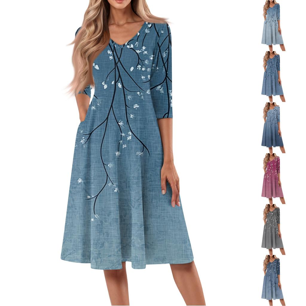 Women's Casual Fashion V Neck Three Quarter Sleeve Print Midi Dress