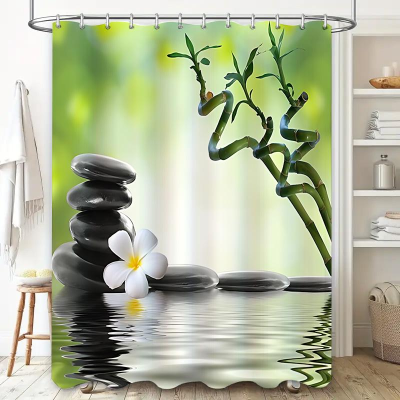Zen Spa Shower Curtain - Tranquil Stone and Bamboo Design for Relaxing Bathroom Ambiance Waterproof  Durable  Elevate Space