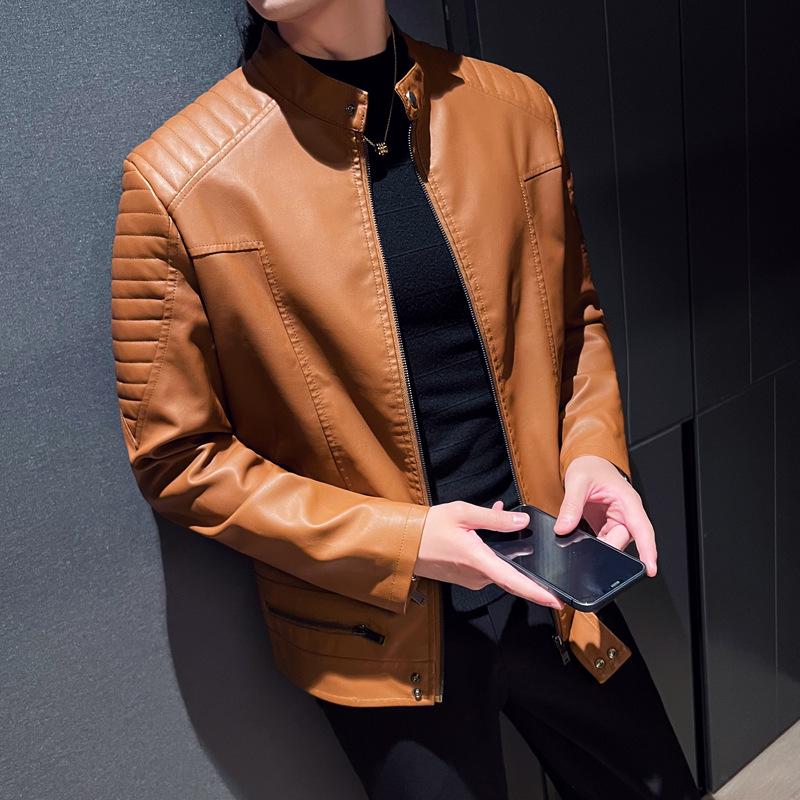 

Men s Autumn Winter PU Leather Flight Jacket - Stand Collar, Casual, Trendy Motorcycle Outerwear, Plus Size Available. 3XL хаки