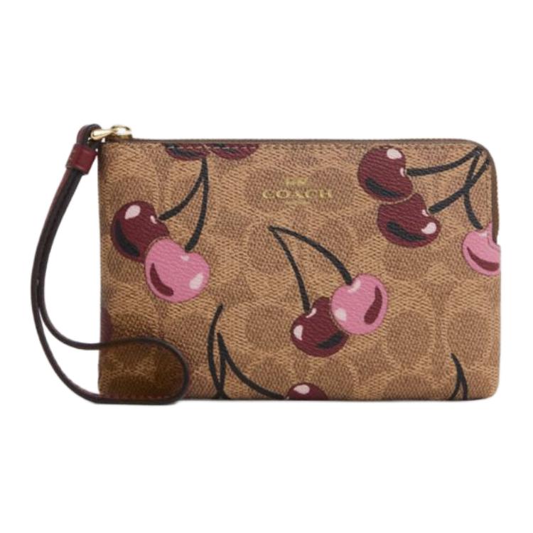 Coach 16 Logo Cherry Print Corner Zip Clutch Women clutch Brown Yellow CZ450-IMTAM Basic Set (Bag+Dust Bag)