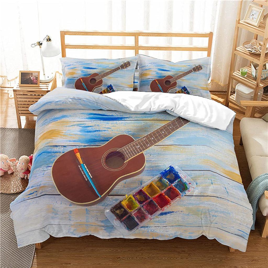 Guitar Duvet Cover Set King Queen Full Size Watercolour Style Polyester Comforter Cover For Kids Boys Girls Teens Bedding Set