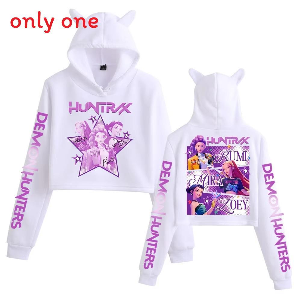 Kpop Demon Hunters Printed Short Hoodie With Cat Ears For Girls Summer Casual Wear