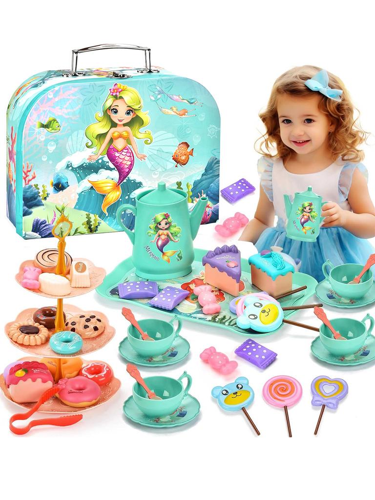 Girls Afternoon Tea Set , Mermaid Princess Afternoon Tea Toy, Tea Party Dress Up Toys, Simulated Dessert Cake Portable Gift Box